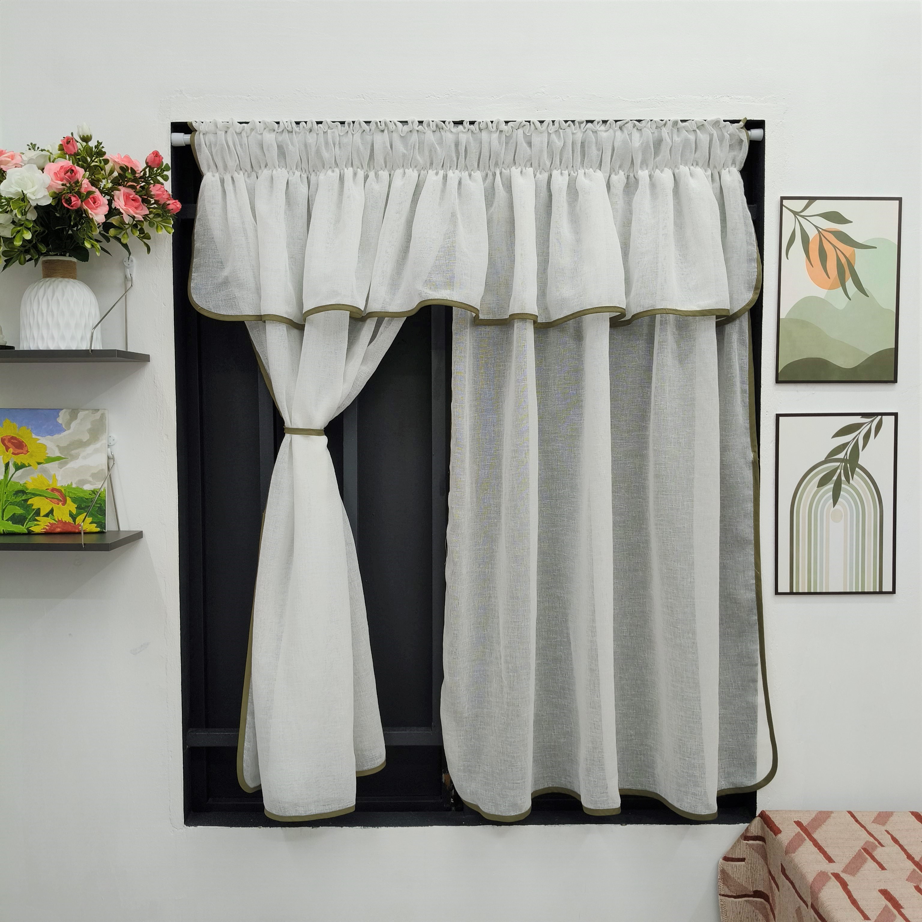 Rèm Voan Cửa Sổ Trang Trí - 2 Vế, Viền Màu 