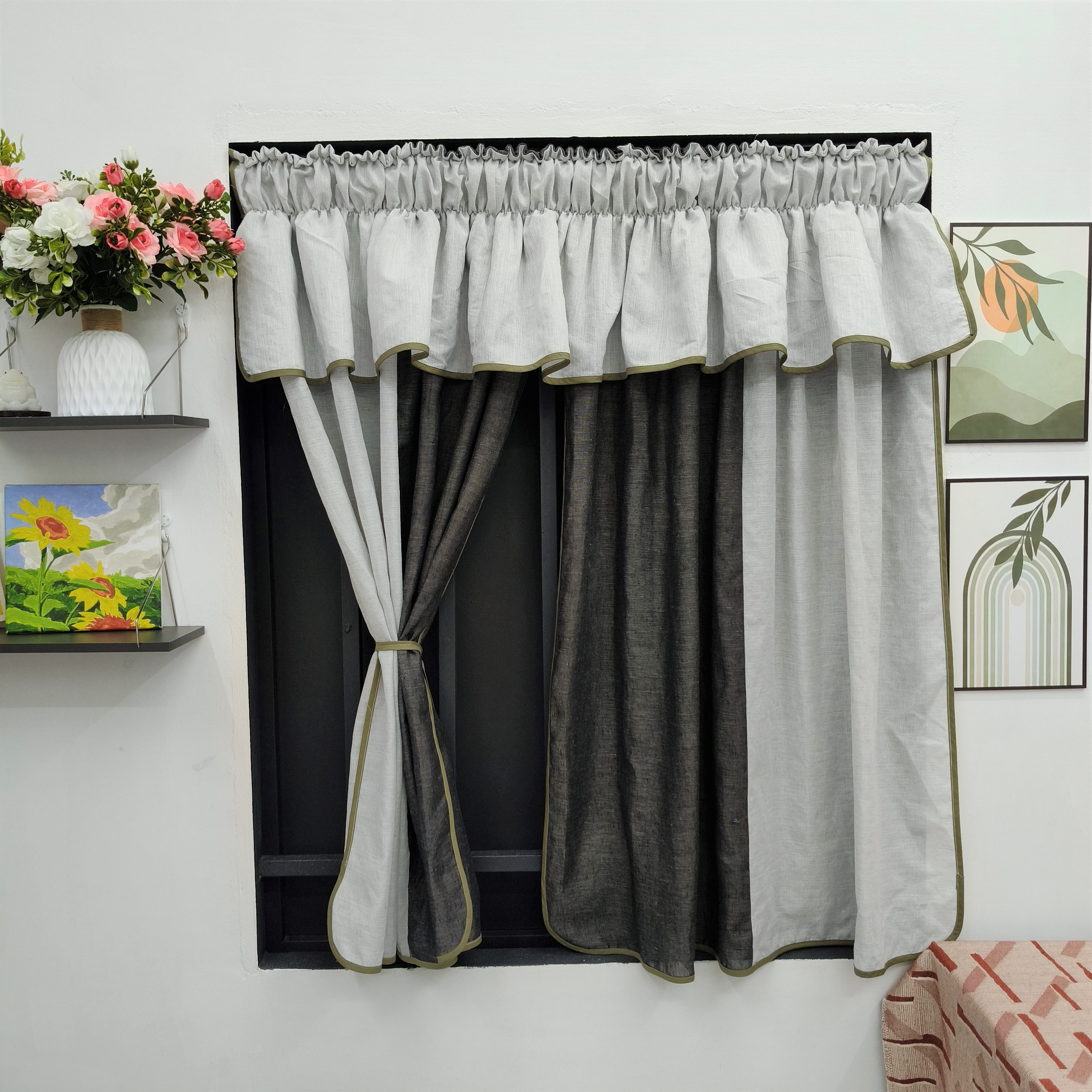 Rèm Voan Cửa Sổ Trang Trí - 2 Vế, Viền, Phối Màu