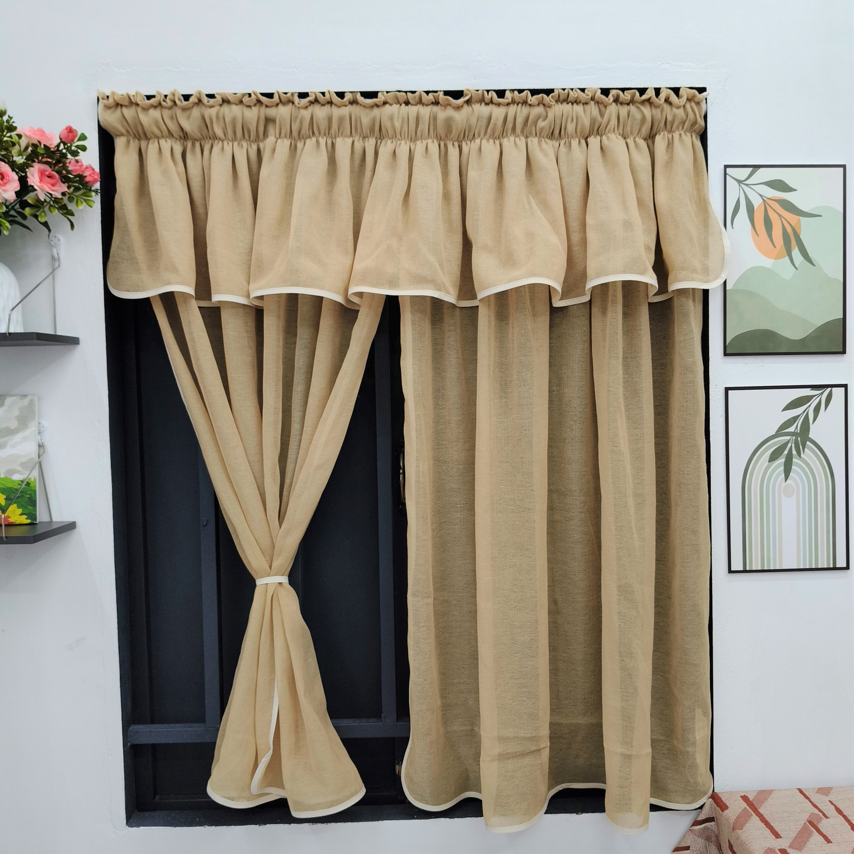Rèm Voan Cửa Sổ Trang Trí - 2 Vế, Viền Màu 
